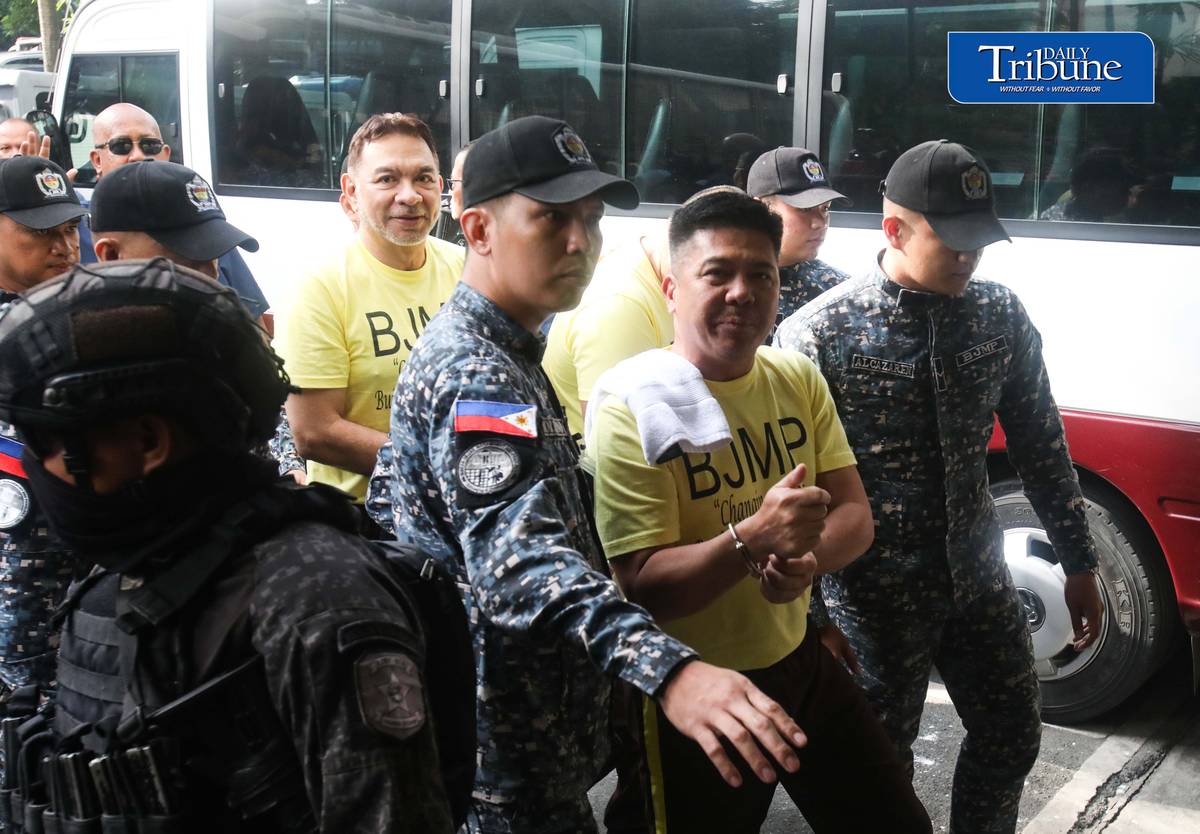 Former Rep. Mike Defensor and his co-accused businessmen Joseph Espiritu and Aristotle Viray arrive at the Sandiganbayan on Wednesday, 15 July 2026, where they plead not guilty to plunder charges. The case stemmed from allegations involving a ₱75-million donation to Sen. Rodante Marcoleta. | Photo by Analy Labor