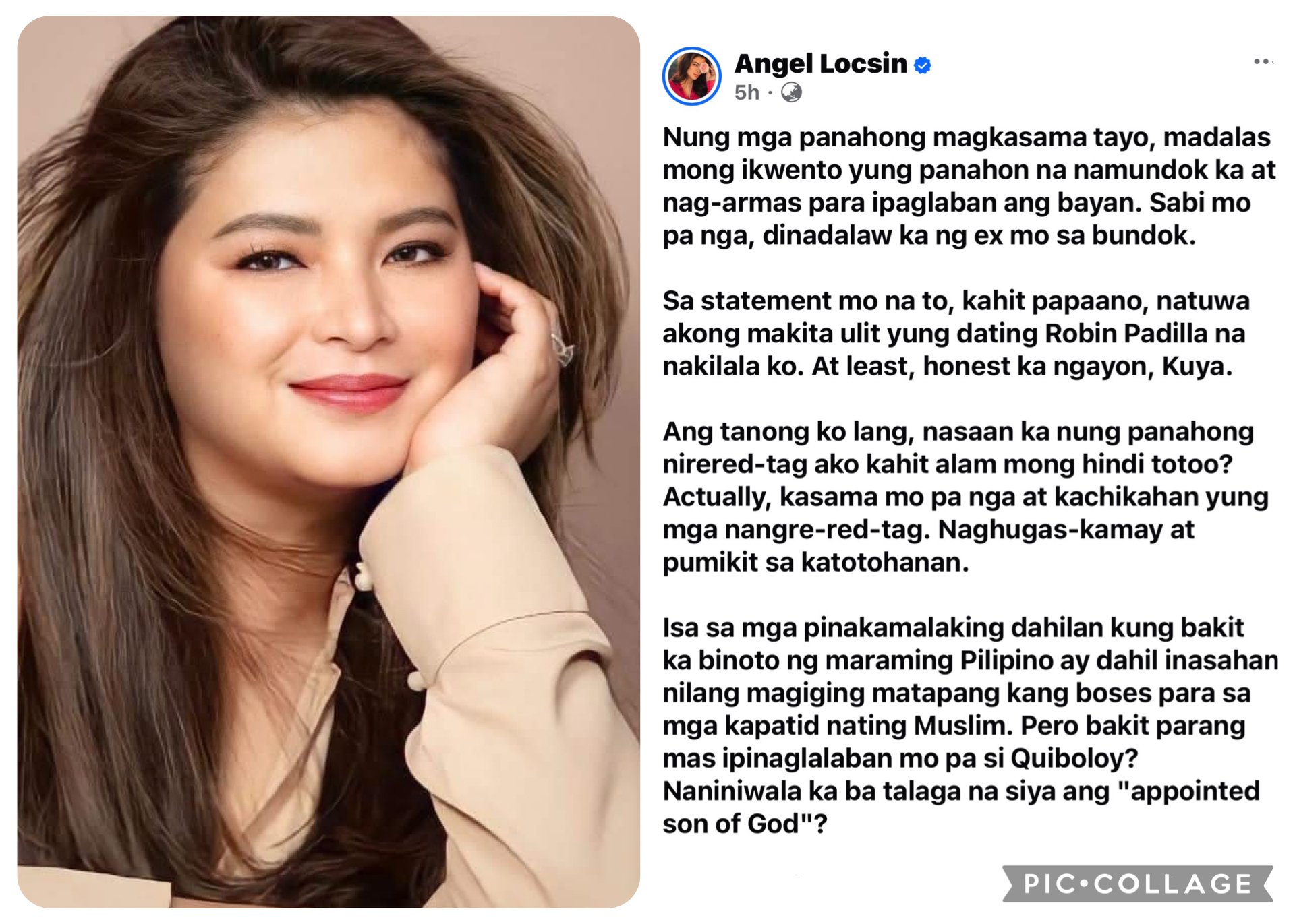 Angel Locsin urges Robin Padilla to 'wake up' in open letter