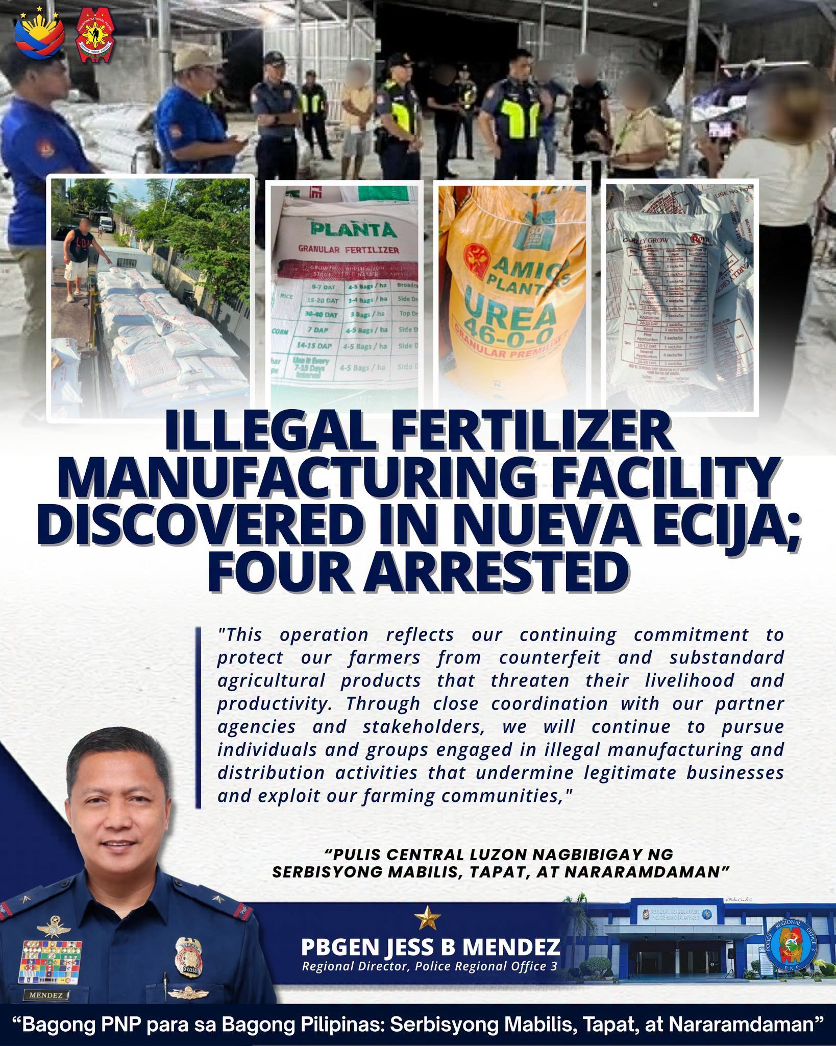 Four arrested as police bust counterfeit fertilizer operation in Nueva Ecija