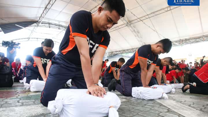 (July 17 2026) On the celebration of National Cardiopulmonary Resuscitation (CPR) Day, celebrated every 17th of July, the Philippine Red Cross hold a CPR demo exercise with the theme "Hawak mo ang BEAT National CPR Day - Handa Ka Na Ba Magligtas ng Buhay" A nationwide simultaneous exercise in commemoration also of the Disaster Resilient Month. Held at Risen Garden, Quezon City Hall, on Friday July 17 2026. Photo/Analy Labor