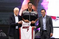 GIANNIS Antetokounmpo gets a warm welcome from Miami Heat president Pat Riley and Filipino-American head coach Erik Spoelstra during a media presentation on Friday (Manila time).