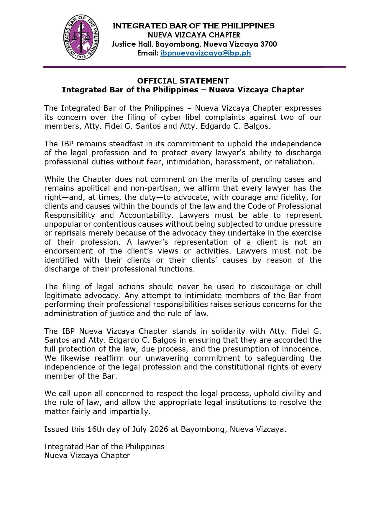 IBP Nueva Vizcaya backs lawyers facing cyber libel complaints