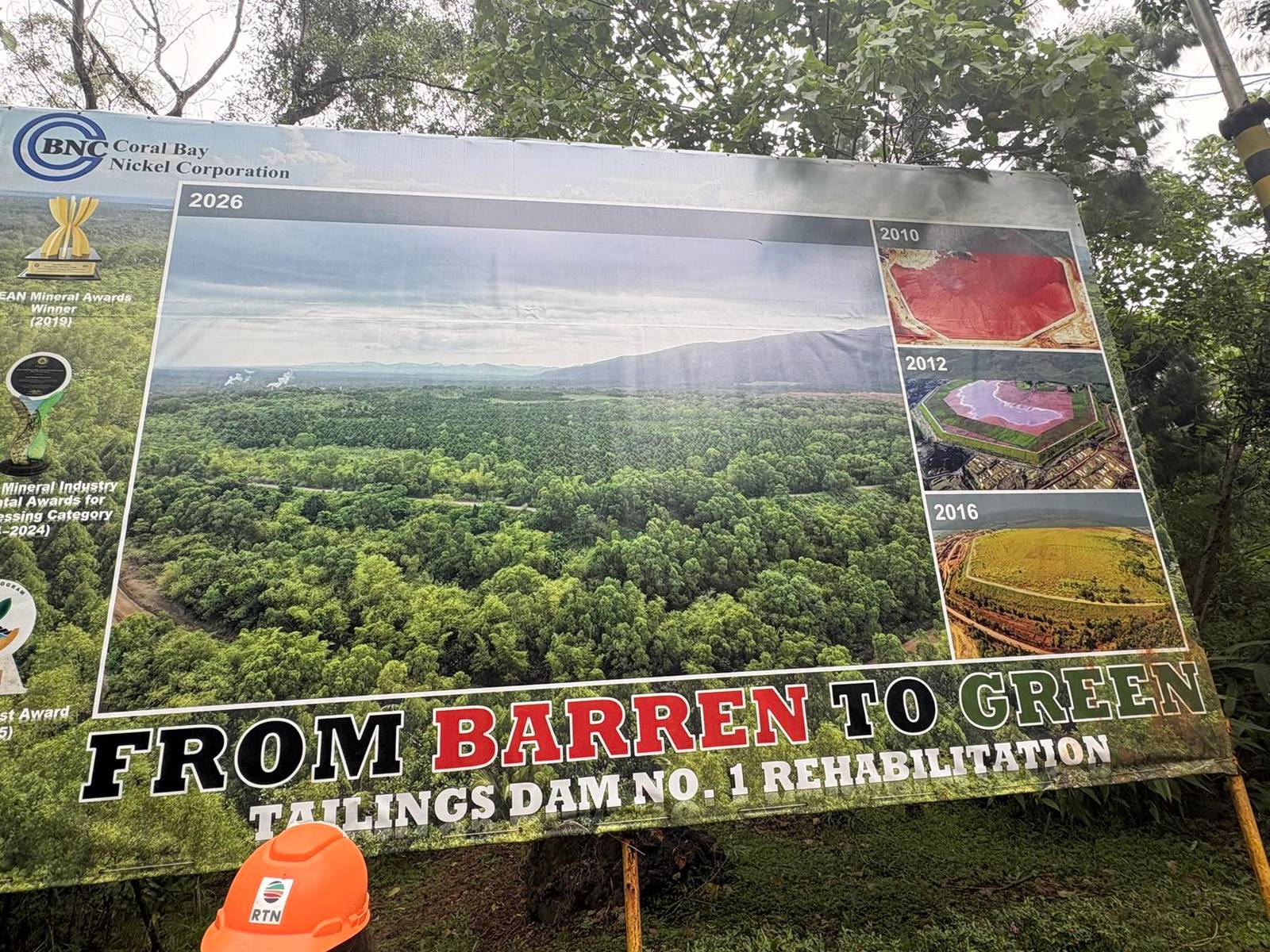 A timeline of Coral Bay Nickel Corporation’s rehabilitation efforts shows the transformation of mined-out areas into restored forest landscapes — from initial site recovery, seedling planting, and vegetation growth to the development of a fully rehabilitated forest ecosystem in Palawan.