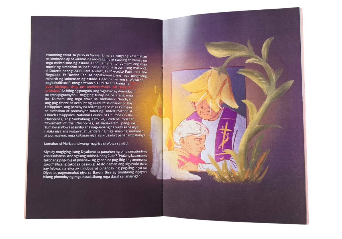 An illustrated spread from 'Si Wowa, Diyos, at Bayan,' which situates Wowa Ledama’s ministry within a period of political repression and attacks against church workers.