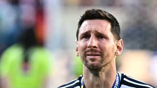 Argentina's forward #10 Lionel Messi cries during the trophy ceremony at the end of the 2026 World Cup football tournament final match between Spain and Argentina at the New York/New Jersey Stadium in East Rutherford on July 19, 2026.