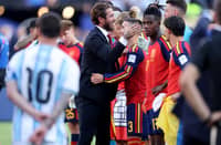 Sergio Ramos congratulates players of Spain before the award ceremony following the FIFA World Cup 2026 Final match between Spain and Argentina at New York New Jersey Stadium on July 19, 2026 in East Rutherford, New Jersey.