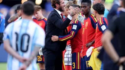 Sergio Ramos congratulates players of Spain before the award ceremony following the FIFA World Cup 2026 Final match between Spain and Argentina at New York New Jersey Stadium on July 19, 2026 in East Rutherford, New Jersey.