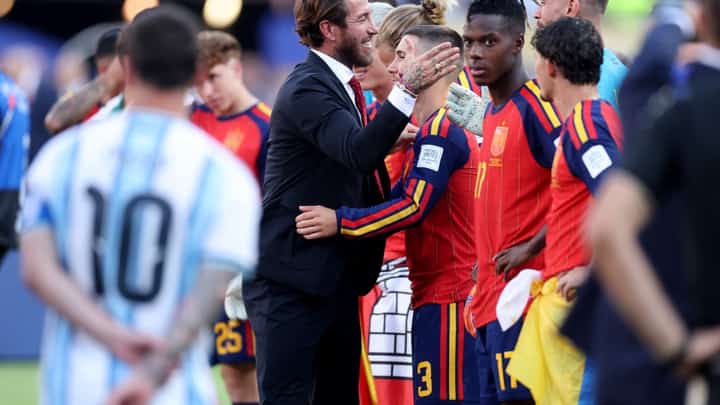 Sergio Ramos congratulates players of Spain before the award ceremony following the FIFA World Cup 2026 Final match between Spain and Argentina at New York New Jersey Stadium on July 19, 2026 in East Rutherford, New Jersey.