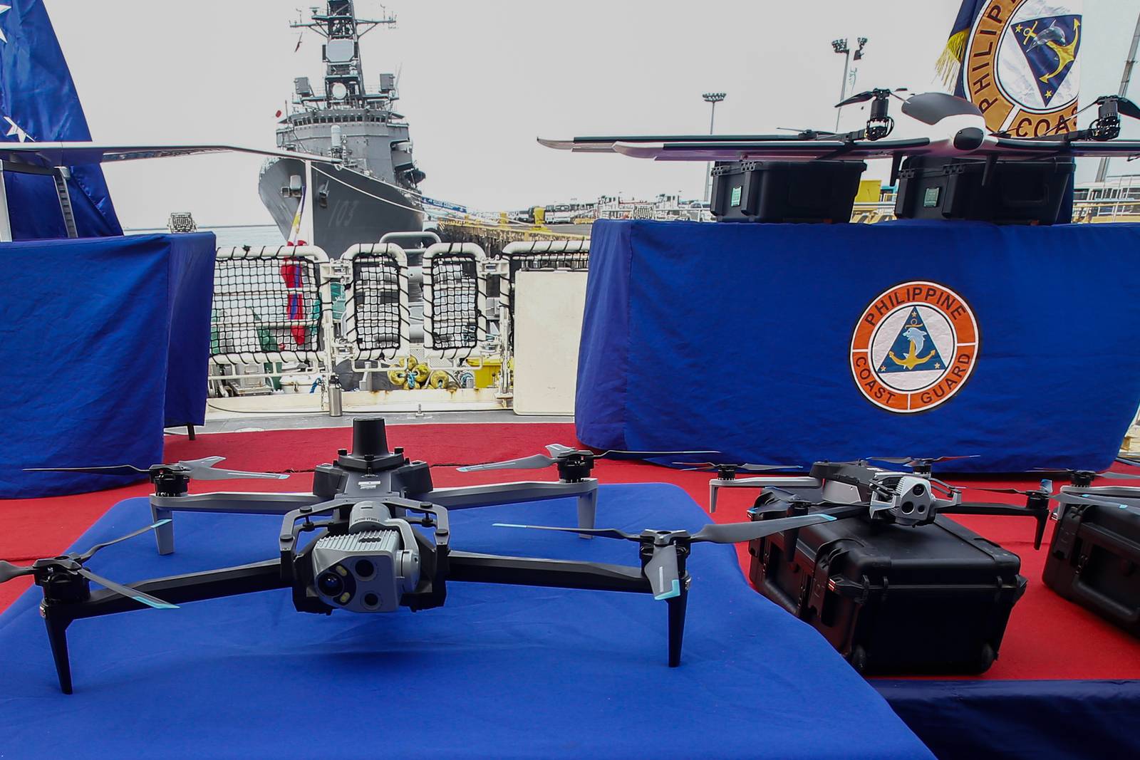 Drones donated by the Government of Australia are displayed on the helideck of BRP Teresa Magbanua on 21 July 2026. Australia has provided A$10 million in drone technology and other assistance, bringing its total assistance to the Philippines since 2025 to nearly A$600 million.