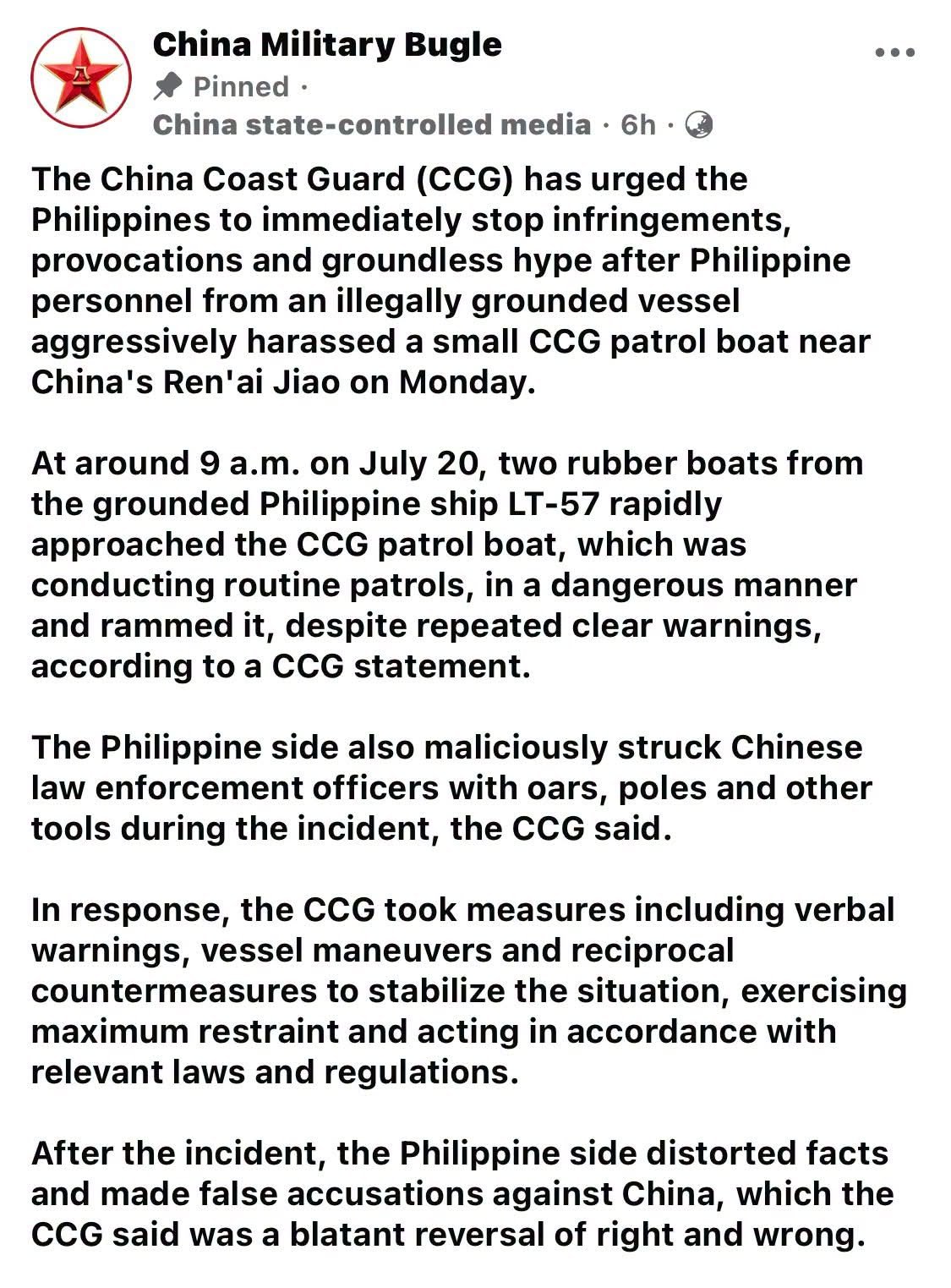 Tarriela slams CCG's 'maximum restraint' claim after recent WPS clash