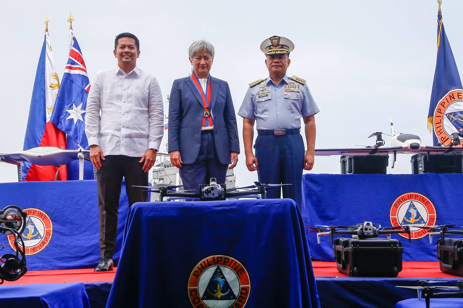 Drones donated by the Government of Australia are displayed on the helideck of BRP Teresa Magbanua on 21 July 2026. Australia has provided A$10 million in drone technology and other assistance, bringing its total assistance to the Philippines since 2025 to nearly A$600 million.
