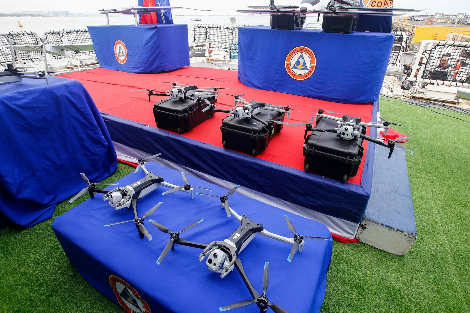 Drones donated by the Government of Australia are displayed on the helideck of BRP Teresa Magbanua on 21 July 2026. Australia has provided A$10 million in drone technology and other assistance, bringing its total assistance to the Philippines since 2025 to nearly A$600 million.