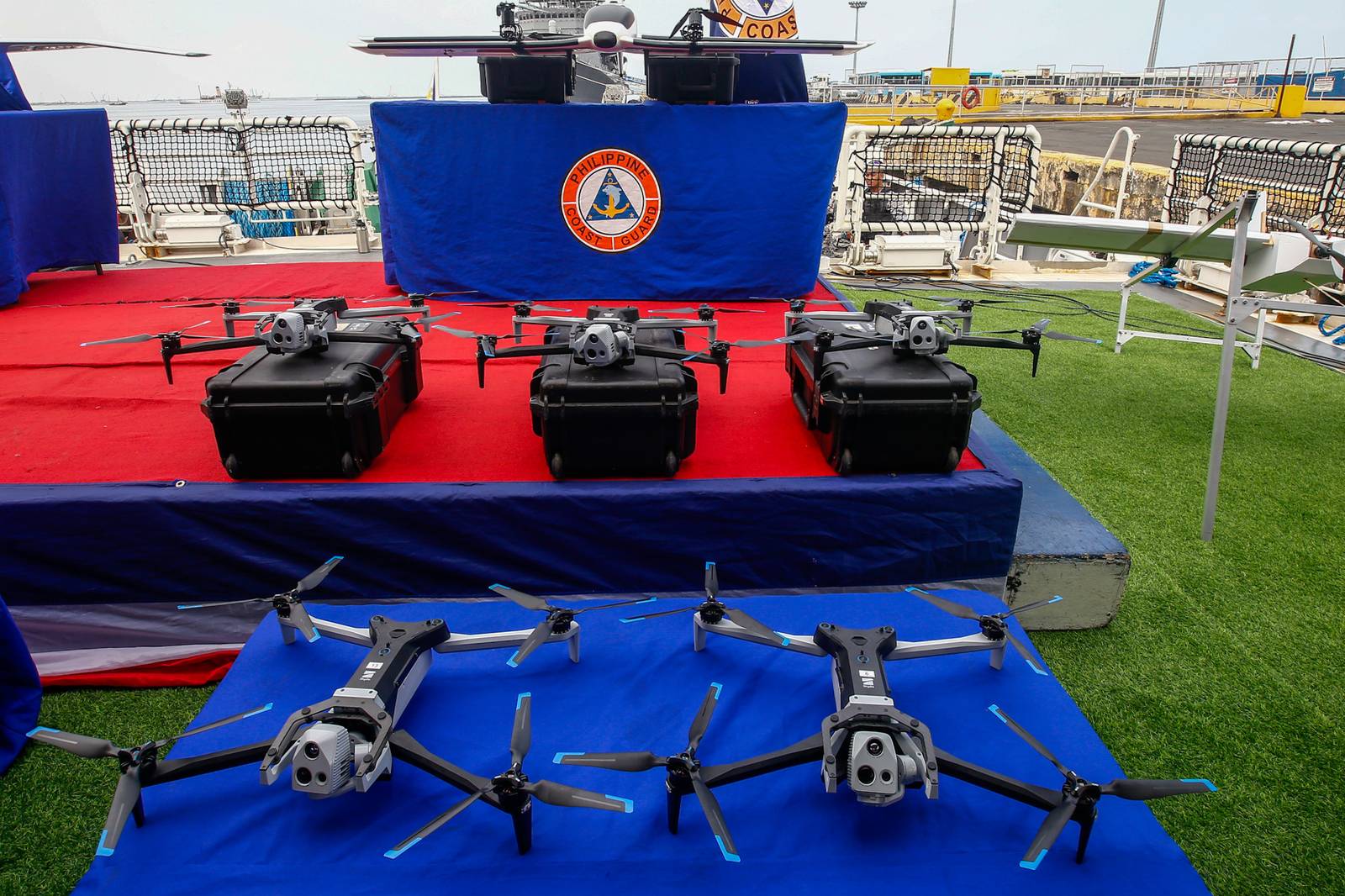 Drones donated by the Government of Australia are displayed on the helideck of BRP Teresa Magbanua on 21 July 2026. Australia has provided A$10 million in drone technology and other assistance, bringing its total assistance to the Philippines since 2025 to nearly A$600 million.