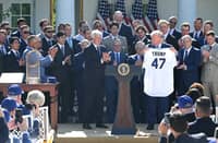 UNITED States President Donald Trump receives a jersey from Los Angeles Dodgers team owner Mark Walter during their visit to White House on Thursday.