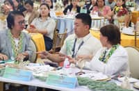 Eastern Samar Gov. Ralph Vincent Evardone in a huddle with DOH regional director Exuperia Sabalberino and ARD Jean Egargo at the Universal Health Care Summit 2026 in Borongan City on Thursday.