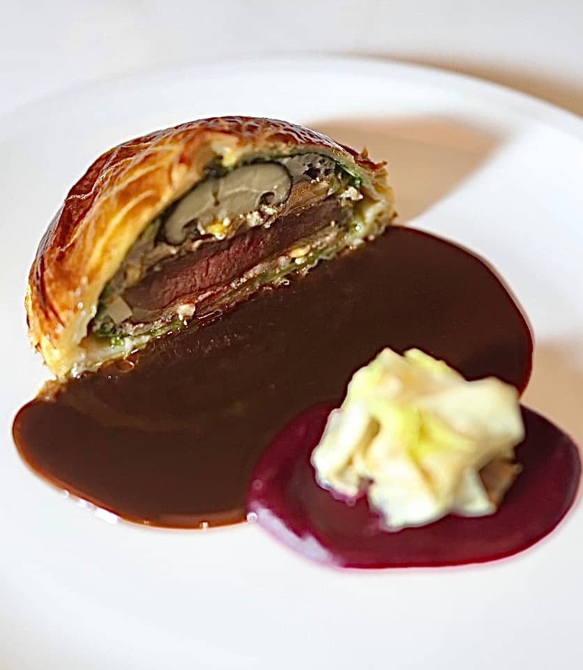 THE masterpiece Pigeon Tourte is a gastronomic concoction of Savoy Cabbage, Foie Gras, Duck and Pork Farce, Pistachio, Shaved Celeriac, Beetroot Coulis, Red Wine Sauce served with Hacienda Lopez de Haro Reserva 2019.