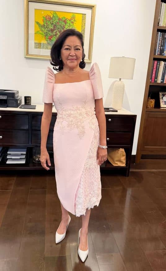 FIRST Lady Liza Araneta Marcos graced SONA 2026 in a bespoke Michael Leyva Filipiniana in delicate blush pink, featuring intricate calado embroidery, lace appliqué, and an overlapping pencil-skirt silhouette.