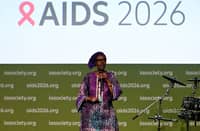 UNAIDS executive director Winnie Byanyima delivers the opening address during the 26th International AIDS Conference in Rio de Janeiro, Brazil, on 27 July 2026.