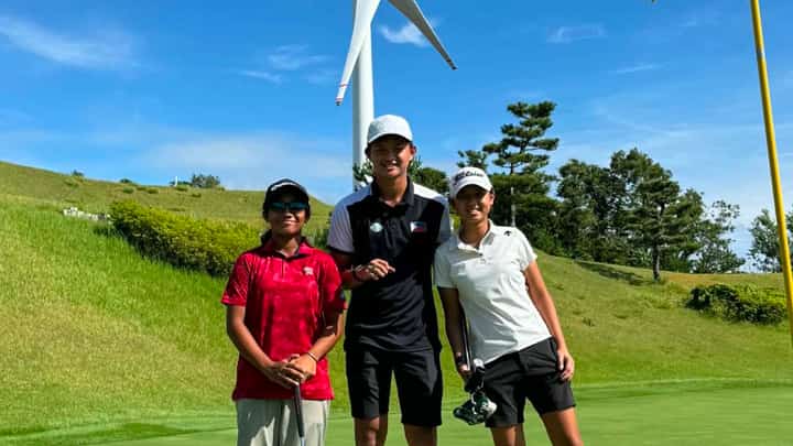 Brittany Tamayo of South Cotabato poses with siblings Gab and Bea Lapuz during the practice round for the Yonex International Junior Championships 2026 at Yonex Country Club in Nagaoka, Japan.