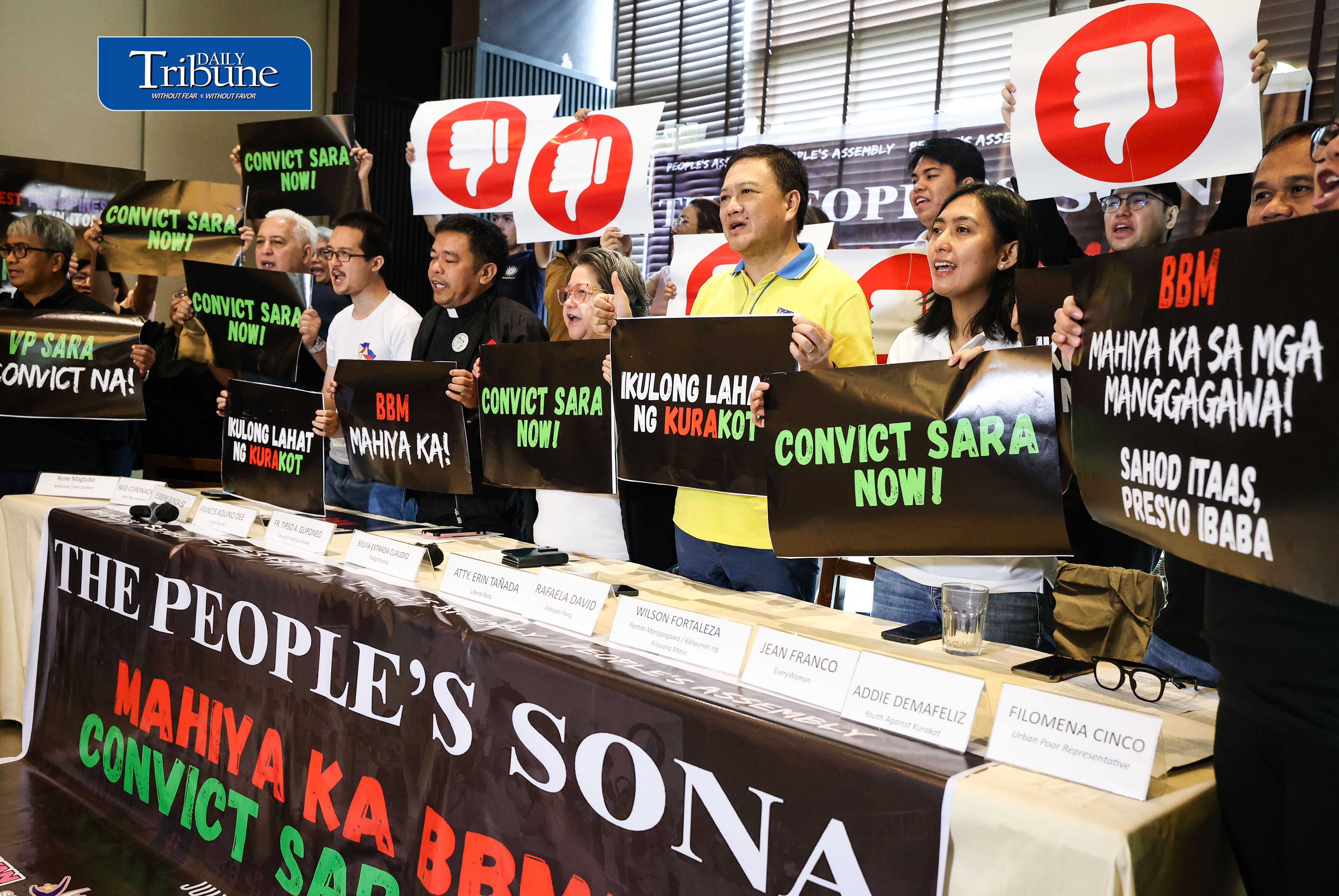 (July 30 2026) Democratic coalitions, people’s organizations, labor groups, faith-based institutions, and various sectoral formations, launch the People’s Assembly, a broad alliance advocating democracy, accountability, social justice, and public participation, during the launching they call for the impeachment of Vice President Sara Duterte, on Thursday, July 30, 2026. The group said the administration has fallen short on reforms, citing the unmentioned Anti-Political Dynasty Bill, Party-list Reform, and CADENA Bill, and urged action on high prices, corruption, political reforms, and workers’ wages. Photo/Analy Labor