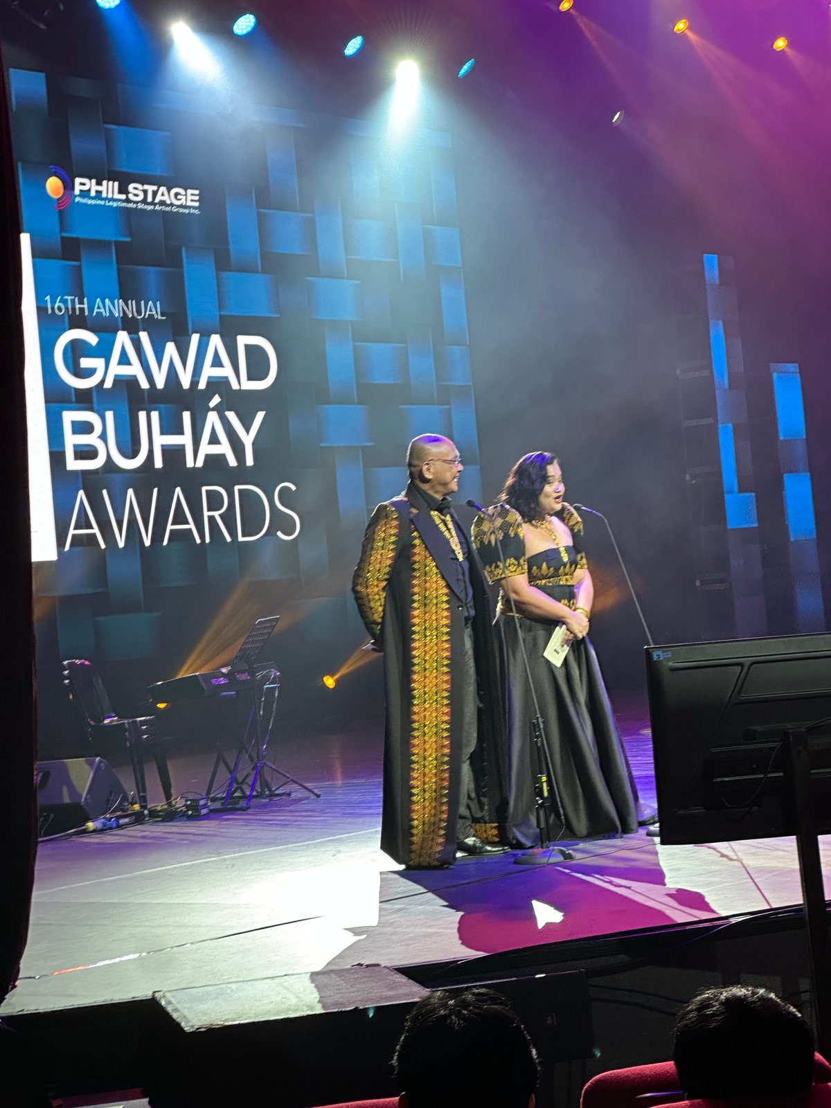 A family of artists. Respected stage artist Nonie Buencamino is joined by his daughter, fellow actor, director, and choreographer, Delphine Buencamino as presenters at the Gawad Buhay Awards