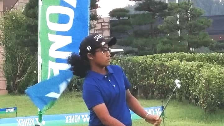 BRITANNY Pauline Tamayo battles strong winds en route to carding a six-over-par 78 in the opening round of the Yonex International Junior Championship at the Yonex Country Club on Wednesday.