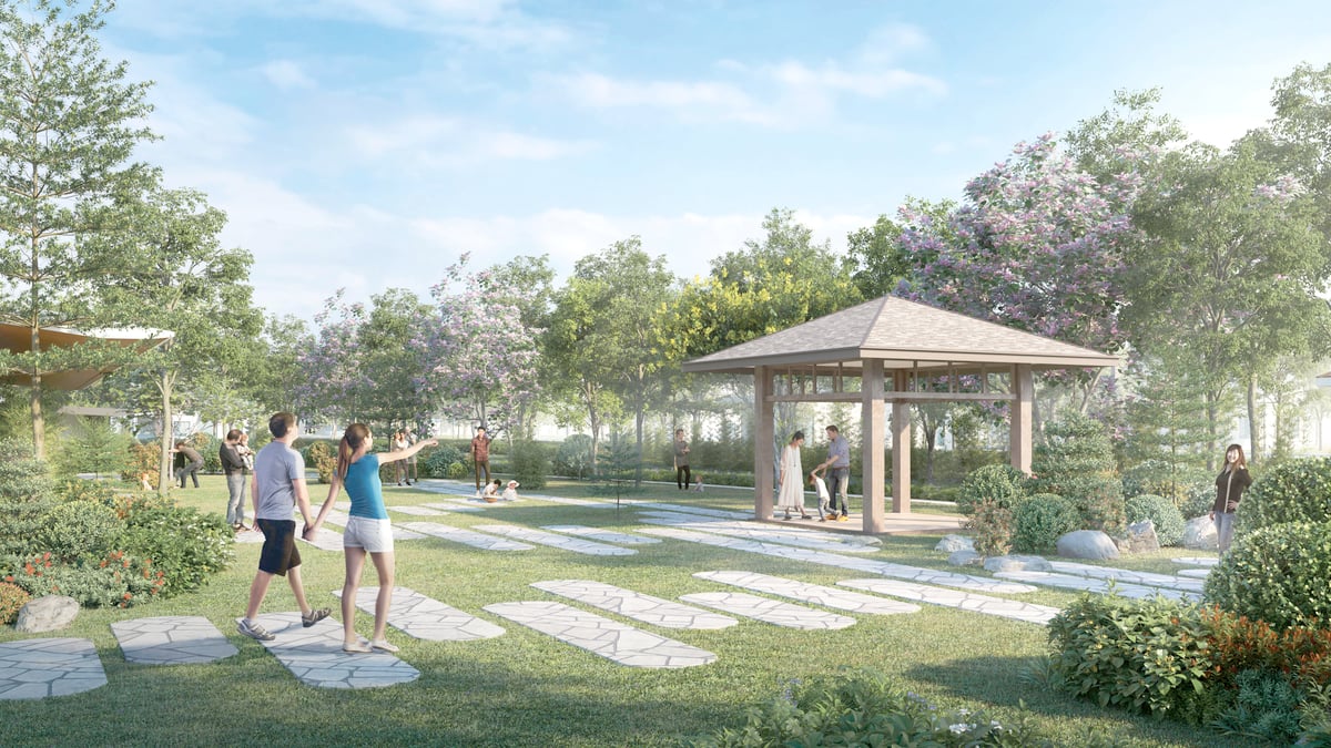 Yume at Riverpark’s green spaces are designed not only for recreation, but for the everyday moments that strengthen communities, from morning walks to family gatherings and conversations with neighbors. (Artist’s perspective)