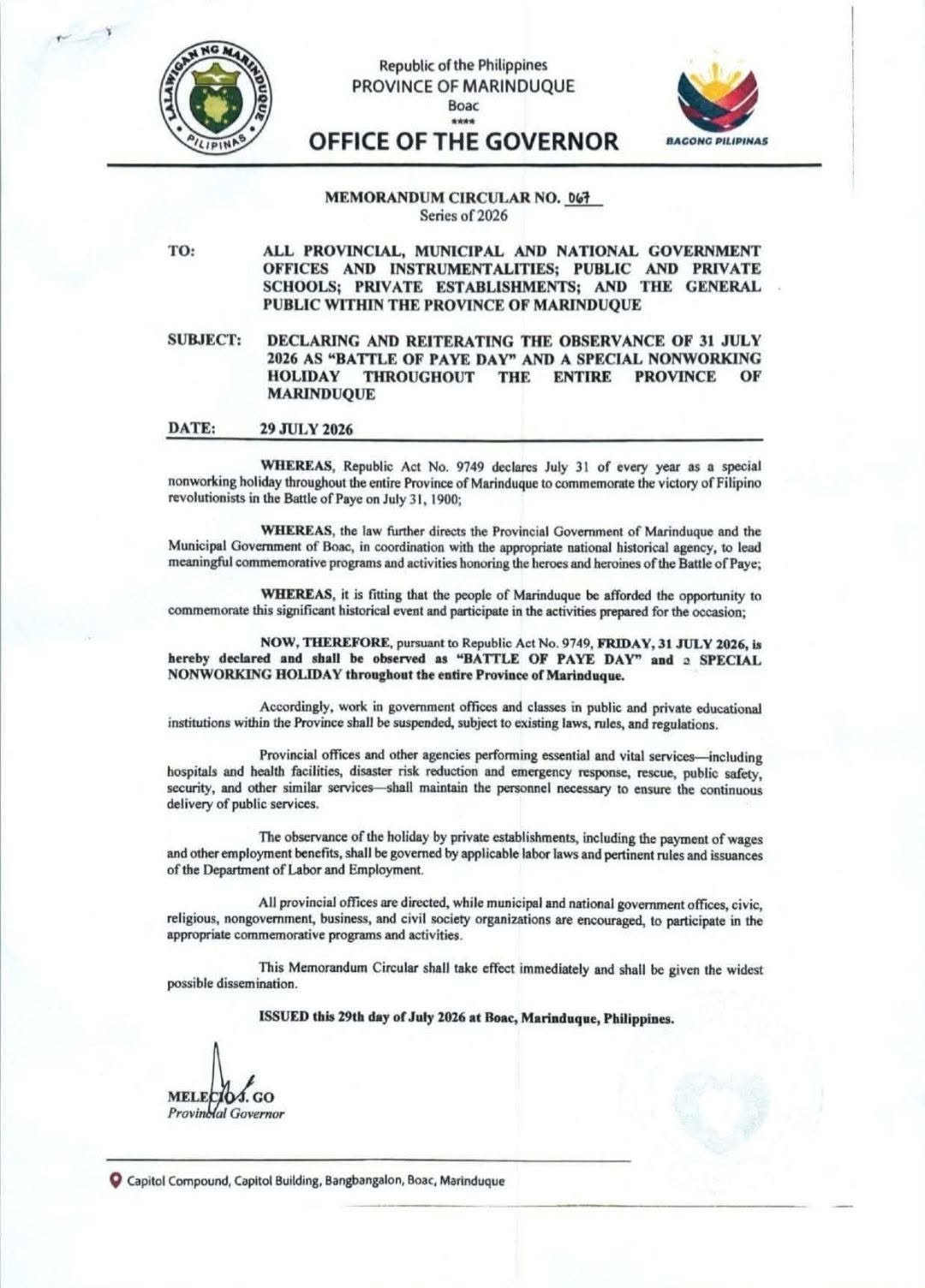 Marinduque declares July 31 as special non-working holiday