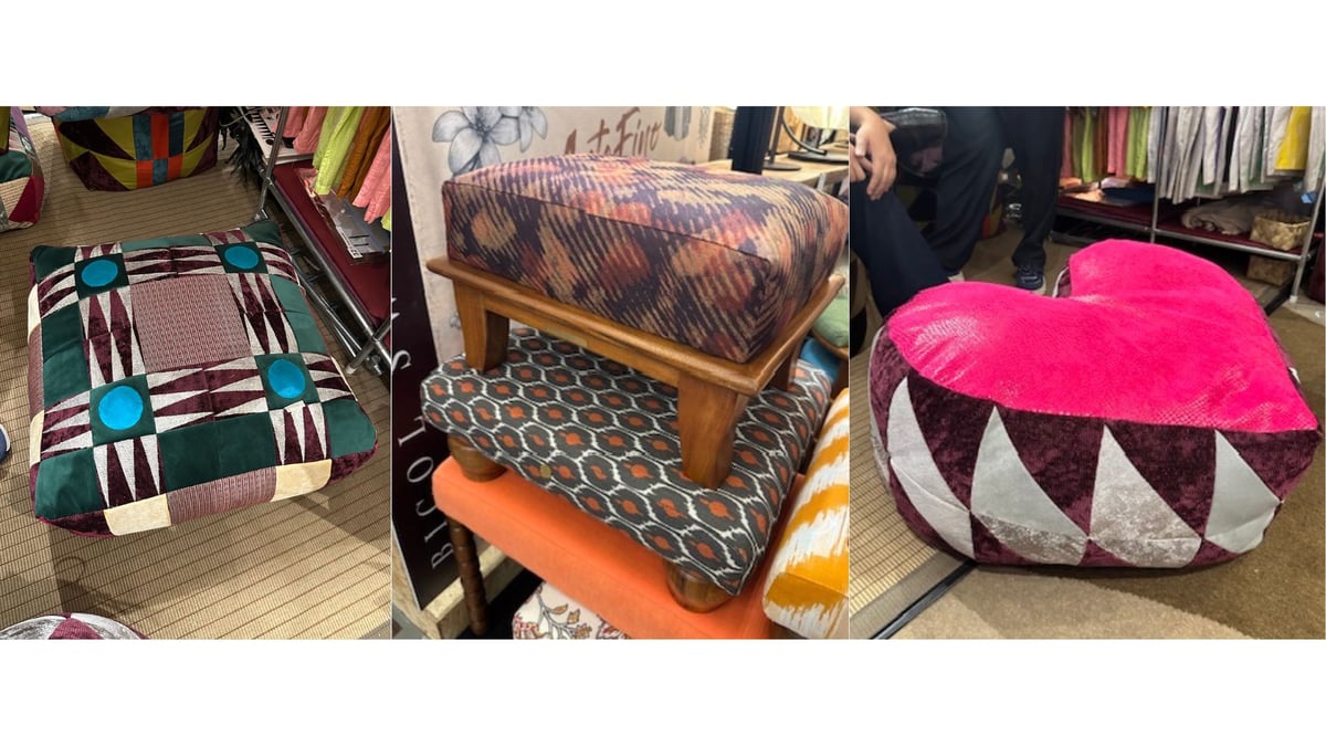 Floor cushions (left and right) by Travelfund by SiriusDan, and fancy footrests or tray tables by Ottoman Home