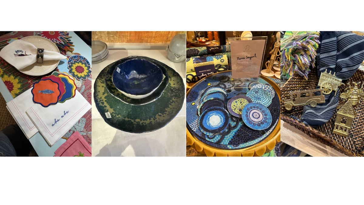 Napkins and coasters from The Olive Tree, stoneware from Cornerstone Pottery, art-inspired table set, Casa Juan Napkin rings