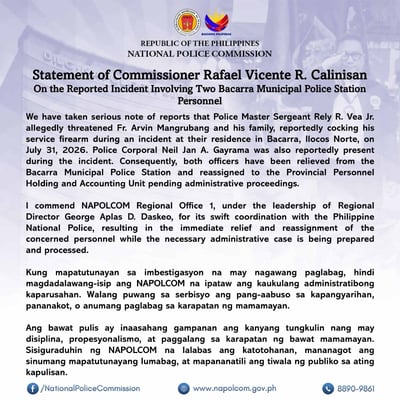 2 Ilocos Norte cops relieved over alleged threat against priest