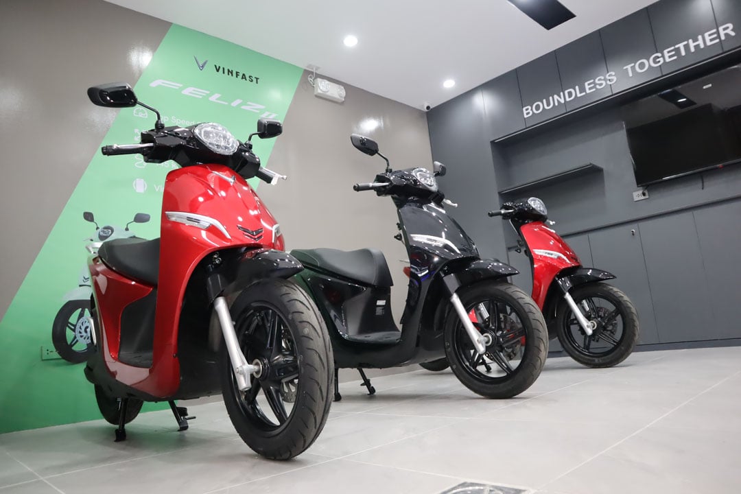 THREE VinFast electric motorcycle models stand on display at one of the brand’s new showrooms.