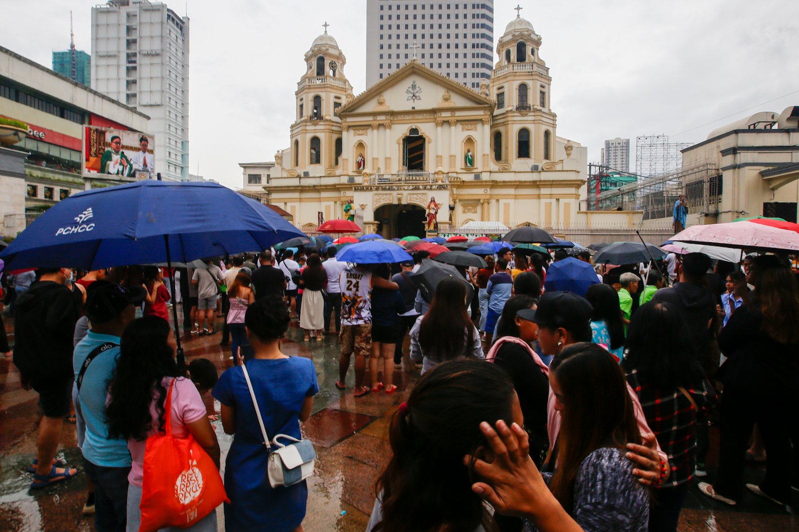 Catholic devotees attend the First Sunday Mass on 2 August 2026 at the Minor Basilica and National Shrine of Jesus Nazareno despite slight rain showers brought by localized thunderstorms.