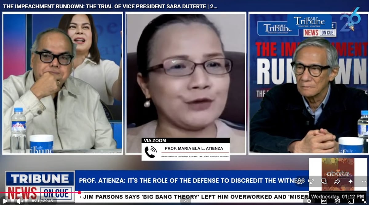 Sheer arrogance is bad optics If it’s not bad optics, the Vice President’s decision to travel abroad while the impeachment trial proceeds was a signal of disrespect toward a coequal branch of government exercising its constitutional mandate, professor Maria Ela Atienza (middle) shared with Daily Tribune’s ‘Impeachment Rundown: The Trial of Vice President Sara Duterte’ hosts Chito Lozada (left) and Teddy Montelibano.