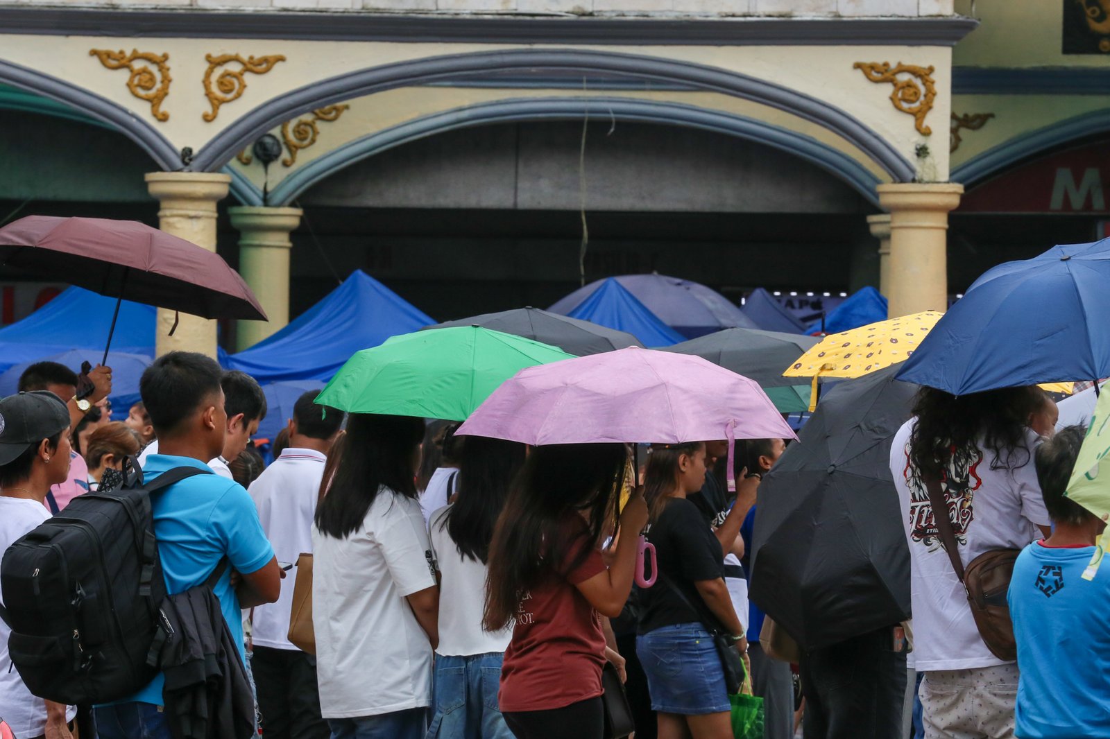 Catholic devotees attend the First Sunday Mass on 2 August 2026 at the Minor Basilica and National Shrine of Jesus Nazareno despite slight rain showers brought by localized thunderstorms.
