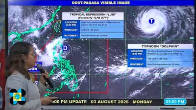 The state weather bureau, PAGASA, monitored two weather disturbances on Monday afternoon, August 3, 2026: Tropical Depression Luis inside the Philippine Area of Responsibility (PAR) and Typhoon Dolphin outside the PAR.