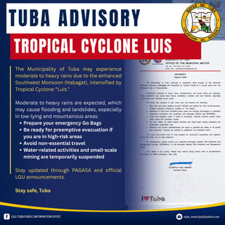 Tuba residents urged to stay alert as #LuisPH enhances Habagat
