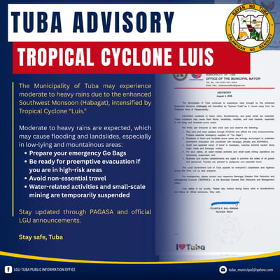 Tuba residents urged to stay alert as #LuisPH enhances Habagat