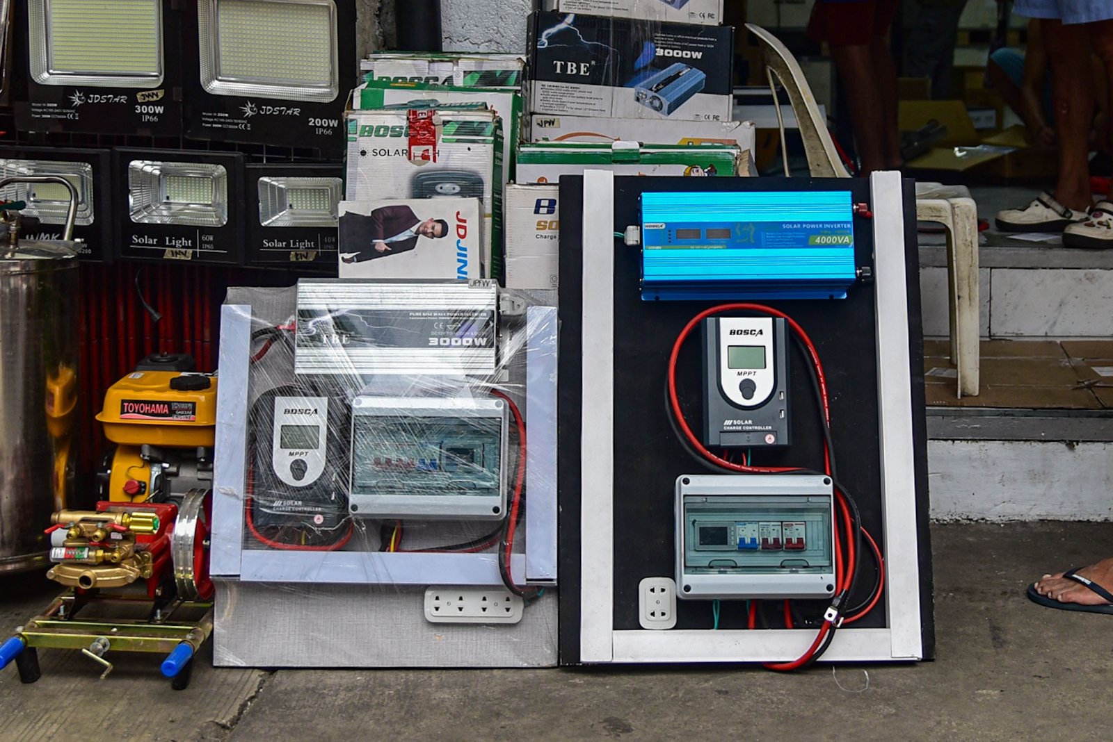 Variety and sizes of solar panels along with hybrid inverters are seen at Raon St. in Quiapo, Manila, on August 4. 

President Marcos Jr's last SONA calls on to ease unnecessary regulatory and administrative barriers to ease the burden from high electricity costs. l Zedrich Xylak Madrid