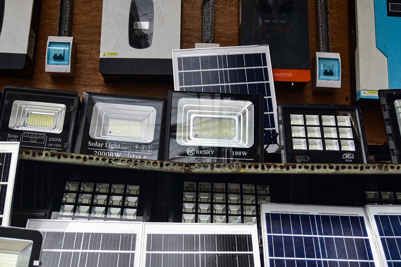 Variety and sizes of solar panels along with hybrid inverters are seen at Raon St. in Quiapo, Manila, on August 4. 

President Marcos Jr's last SONA calls on to ease unnecessary regulatory and administrative barriers to ease the burden from high electricity costs. l Zedrich Xylak Madrid