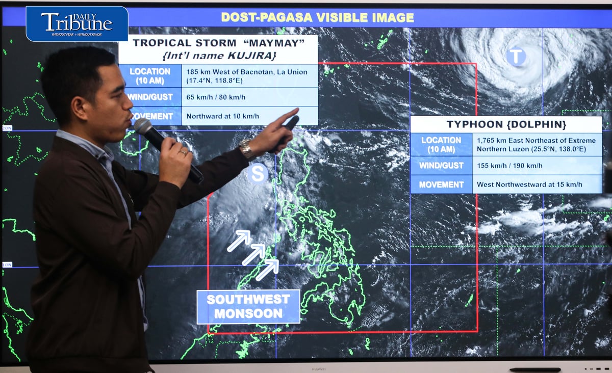 (August 05 2026) Philippine Atmospheric, Geophysical and Astronomical Services Administration (PAGASA) weather specialist Benison Estareja, brief updates on Tropical Storm Maymay, at the briefing held at the PAGASA office in Quezon City on Wednesday, August 5, 2026, the center of Tropical Storm "MAYMAY" {KUJIRA} was estimated based on all available data at 170 km West of Bacnotan, La Union (16.7°N, 118.8°E) with maximum sustained winds of 65 km/h near the center and gustiness of up to 80 km/h. It is moving Southeastward slowly. Southwest Monsoon affecting Southern Luzon and the western section of Visayas. PAGASA warns heavy rains may persist through the weekend. Photo/Analy Labor