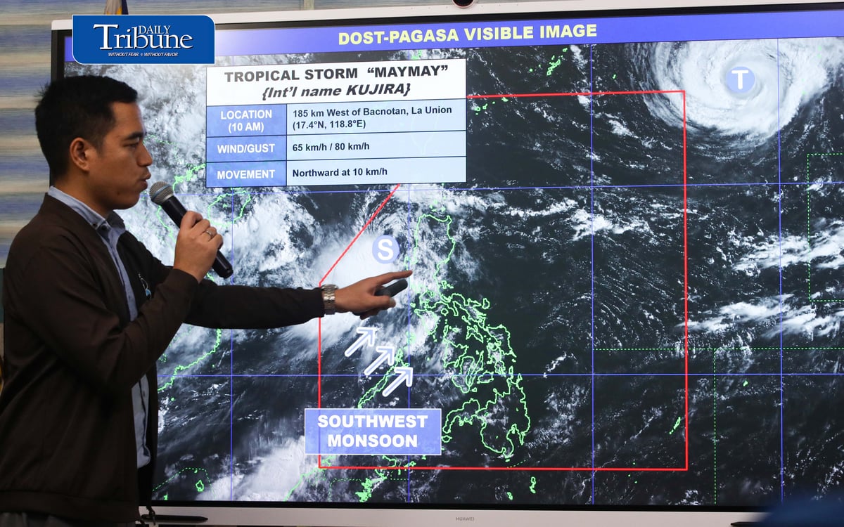 (August 05 2026) Philippine Atmospheric, Geophysical and Astronomical Services Administration (PAGASA) weather specialist Benison Estareja, brief updates on Tropical Storm Maymay, at the briefing held at the PAGASA office in Quezon City on Wednesday, August 5, 2026, the center of Tropical Storm "MAYMAY" {KUJIRA} was estimated based on all available data at 170 km West of Bacnotan, La Union (16.7°N, 118.8°E) with maximum sustained winds of 65 km/h near the center and gustiness of up to 80 km/h. It is moving Southeastward slowly. Southwest Monsoon affecting Southern Luzon and the western section of Visayas. PAGASA warns heavy rains may persist through the weekend. Photo/Analy Labor