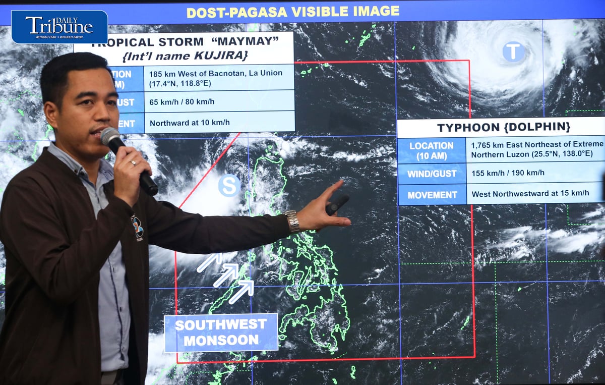 (August 05 2026) Philippine Atmospheric, Geophysical and Astronomical Services Administration (PAGASA) weather specialist Benison Estareja, brief updates on Tropical Storm Maymay, at the briefing held at the PAGASA office in Quezon City on Wednesday, August 5, 2026, the center of Tropical Storm "MAYMAY" {KUJIRA} was estimated based on all available data at 170 km West of Bacnotan, La Union (16.7°N, 118.8°E) with maximum sustained winds of 65 km/h near the center and gustiness of up to 80 km/h. It is moving Southeastward slowly. Southwest Monsoon affecting Southern Luzon and the western section of Visayas. PAGASA warns heavy rains may persist through the weekend. Photo/Analy Labor
