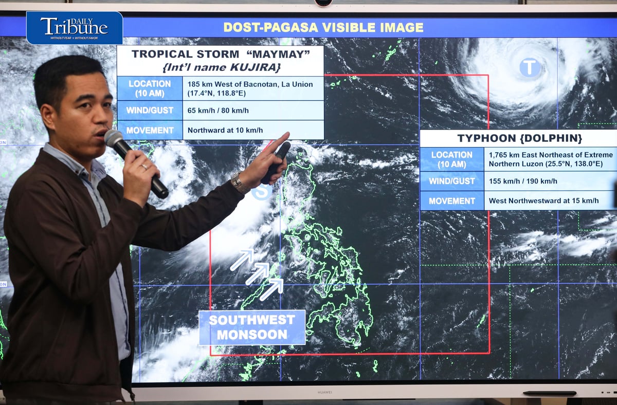(August 05 2026) Philippine Atmospheric, Geophysical and Astronomical Services Administration (PAGASA) weather specialist Benison Estareja, brief updates on Tropical Storm Maymay, at the briefing held at the PAGASA office in Quezon City on Wednesday, August 5, 2026, the center of Tropical Storm "MAYMAY" {KUJIRA} was estimated based on all available data at 170 km West of Bacnotan, La Union (16.7°N, 118.8°E) with maximum sustained winds of 65 km/h near the center and gustiness of up to 80 km/h. It is moving Southeastward slowly. Southwest Monsoon affecting Southern Luzon and the western section of Visayas. PAGASA warns heavy rains may persist through the weekend. Photo/Analy Labor