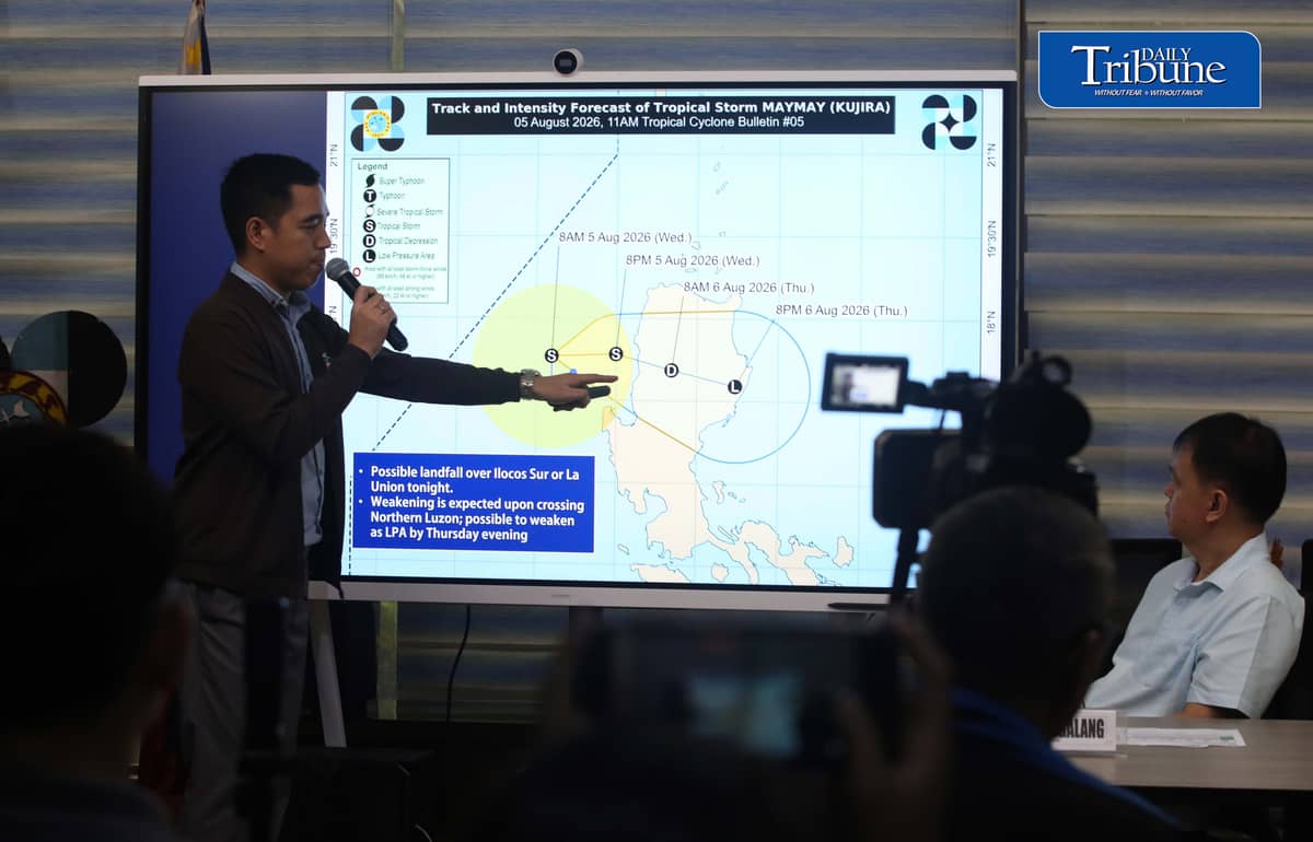 (August 05 2026) Philippine Atmospheric, Geophysical and Astronomical Services Administration (PAGASA) weather specialist Benison Estareja, brief updates on Tropical Storm Maymay, at the briefing held at the PAGASA office in Quezon City on Wednesday, August 5, 2026, the center of Tropical Storm "MAYMAY" {KUJIRA} was estimated based on all available data at 170 km West of Bacnotan, La Union (16.7°N, 118.8°E) with maximum sustained winds of 65 km/h near the center and gustiness of up to 80 km/h. It is moving Southeastward slowly. Southwest Monsoon affecting Southern Luzon and the western section of Visayas. PAGASA warns heavy rains may persist through the weekend. Photo/Analy Labor