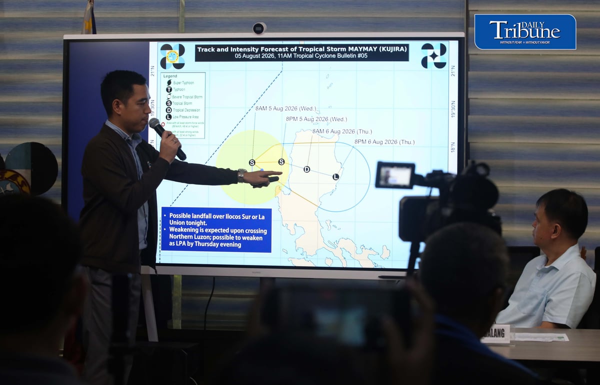 (August 05 2026) Philippine Atmospheric, Geophysical and Astronomical Services Administration (PAGASA) weather specialist Benison Estareja, brief updates on Tropical Storm Maymay, at the briefing held at the PAGASA office in Quezon City on Wednesday, August 5, 2026, the center of Tropical Storm "MAYMAY" {KUJIRA} was estimated based on all available data at 170 km West of Bacnotan, La Union (16.7°N, 118.8°E) with maximum sustained winds of 65 km/h near the center and gustiness of up to 80 km/h. It is moving Southeastward slowly. Southwest Monsoon affecting Southern Luzon and the western section of Visayas. PAGASA warns heavy rains may persist through the weekend. Photo/Analy Labor