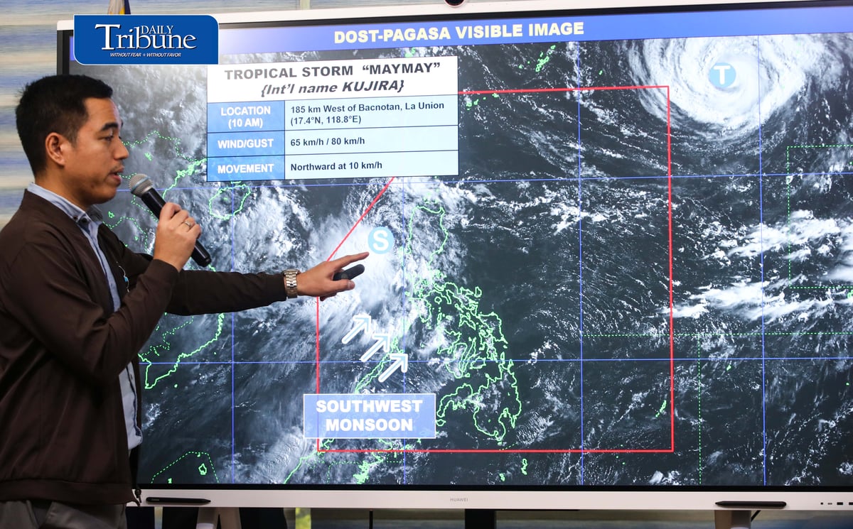 (August 05 2026) Philippine Atmospheric, Geophysical and Astronomical Services Administration (PAGASA) weather specialist Benison Estareja, brief updates on Tropical Storm Maymay, at the briefing held at the PAGASA office in Quezon City on Wednesday, August 5, 2026, the center of Tropical Storm "MAYMAY" {KUJIRA} was estimated based on all available data at 170 km West of Bacnotan, La Union (16.7°N, 118.8°E) with maximum sustained winds of 65 km/h near the center and gustiness of up to 80 km/h. It is moving Southeastward slowly. Southwest Monsoon affecting Southern Luzon and the western section of Visayas. PAGASA warns heavy rains may persist through the weekend. Photo/Analy Labor