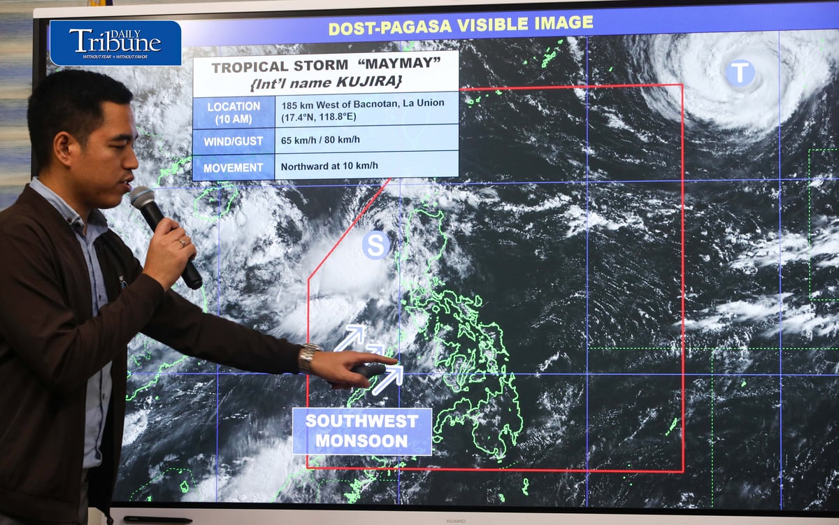 (August 05 2026) Philippine Atmospheric, Geophysical and Astronomical Services Administration (PAGASA) weather specialist Benison Estareja, brief updates on Tropical Storm Maymay, at the briefing held at the PAGASA office in Quezon City on Wednesday, August 5, 2026, the center of Tropical Storm "MAYMAY" {KUJIRA} was estimated based on all available data at 170 km West of Bacnotan, La Union (16.7°N, 118.8°E) with maximum sustained winds of 65 km/h near the center and gustiness of up to 80 km/h. It is moving Southeastward slowly. Southwest Monsoon affecting Southern Luzon and the western section of Visayas. PAGASA warns heavy rains may persist through the weekend. Photo/Analy Labor
