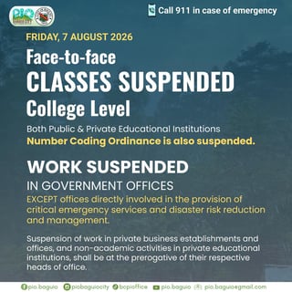 Baguio suspends college classes, government work Friday afternoon