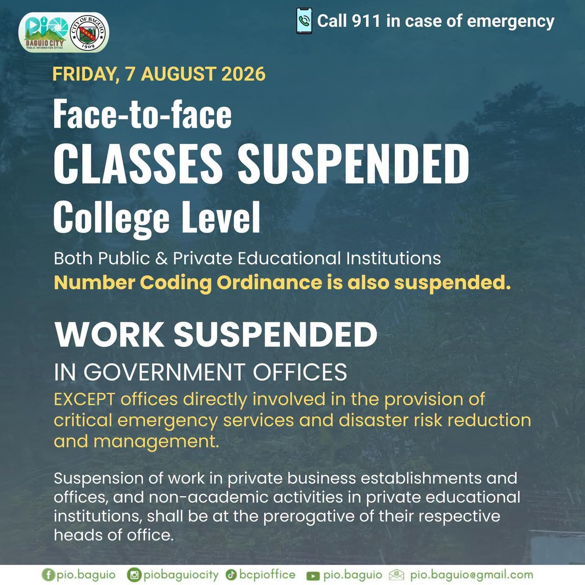 Baguio suspends college classes, government work Friday afternoon